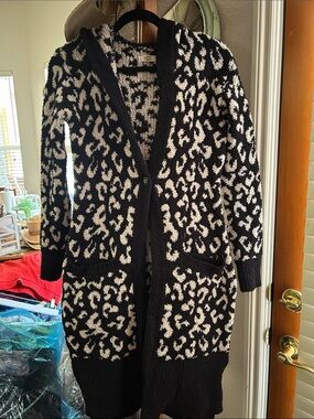 UGG Black and Cream Leopard Knit Open-Front Cardigan